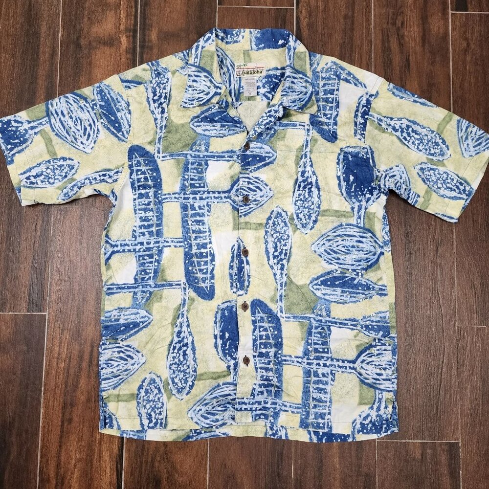 Patagonia Pataloha Shirt Medium Camp Abstract Canoe/Paddle Aloha Organic Cotton